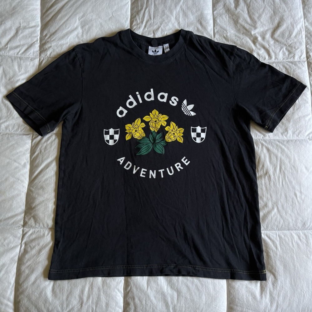Adidas Originals Adventure Graphic Tee T-shirt Mens M Black Trefoil Logo Flowers